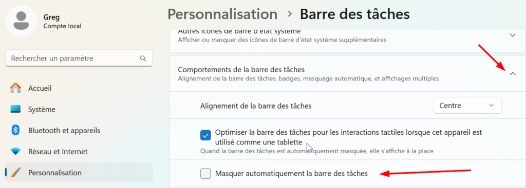 13 solutions pour réparer un menu démarrer Windows 11 qui ne s'affiche pas 2 option masquer automatiquement la barre des tâches windows 11