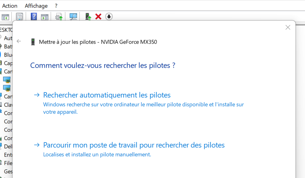 13 solutions pour réparer un menu démarrer Windows 11 qui ne s'affiche pas 9 rechercher les pilotes de carte graphique pour NVIDIA GeForce MX350